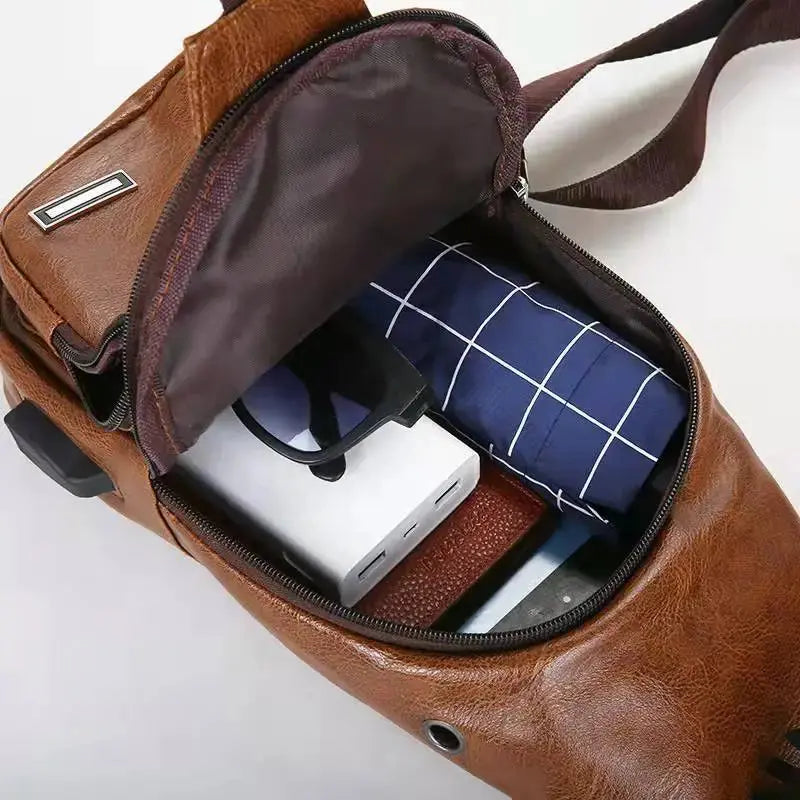 New USB Charging Chest Bag with Headset Hole Mens Multifunction Single Strap Anti Theft Chest Bag with Adjustable Shoulder Strap B MART