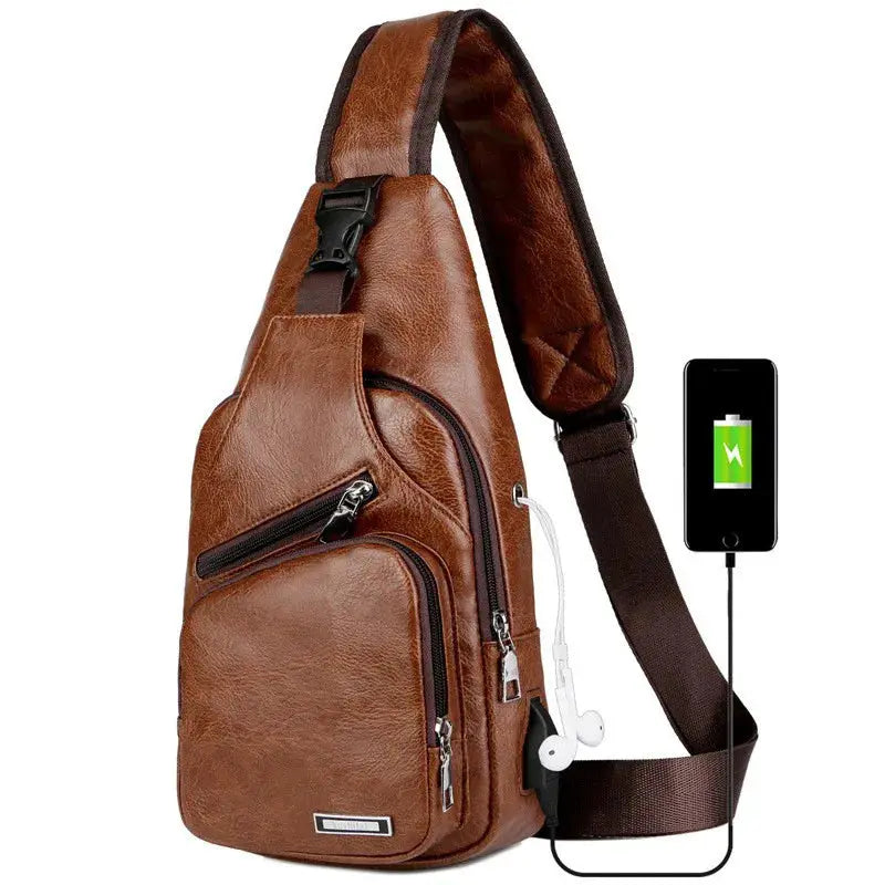 New USB Charging Chest Bag with Headset Hole Mens Multifunction Single Strap Anti Theft Chest Bag with Adjustable Shoulder Strap B MART