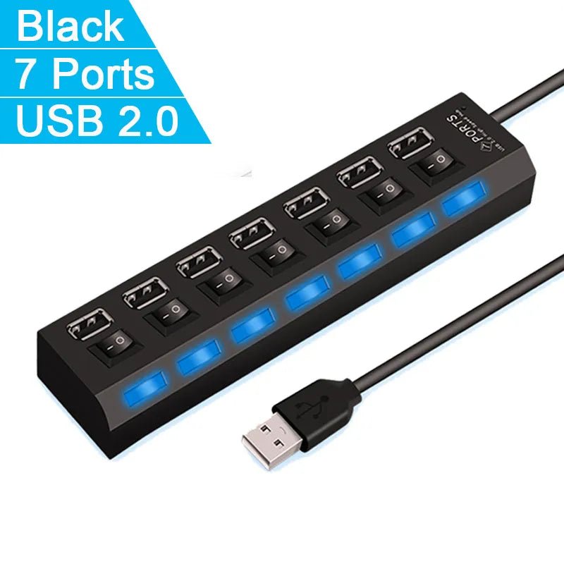 High Speed 4/7 Ports USB HUB 2.0 Adapter Expander Multi USB Splitter Multiple Extender with LED Lamp Switch for PC Laptop - منصة بي مارت للتسوق الإلكترونيHigh Speed 4/7 Ports USB HUB 2.0 Adapter Expander Multi USB Splitter Multiple Extender with LED Lamp Switch for PC Laptop